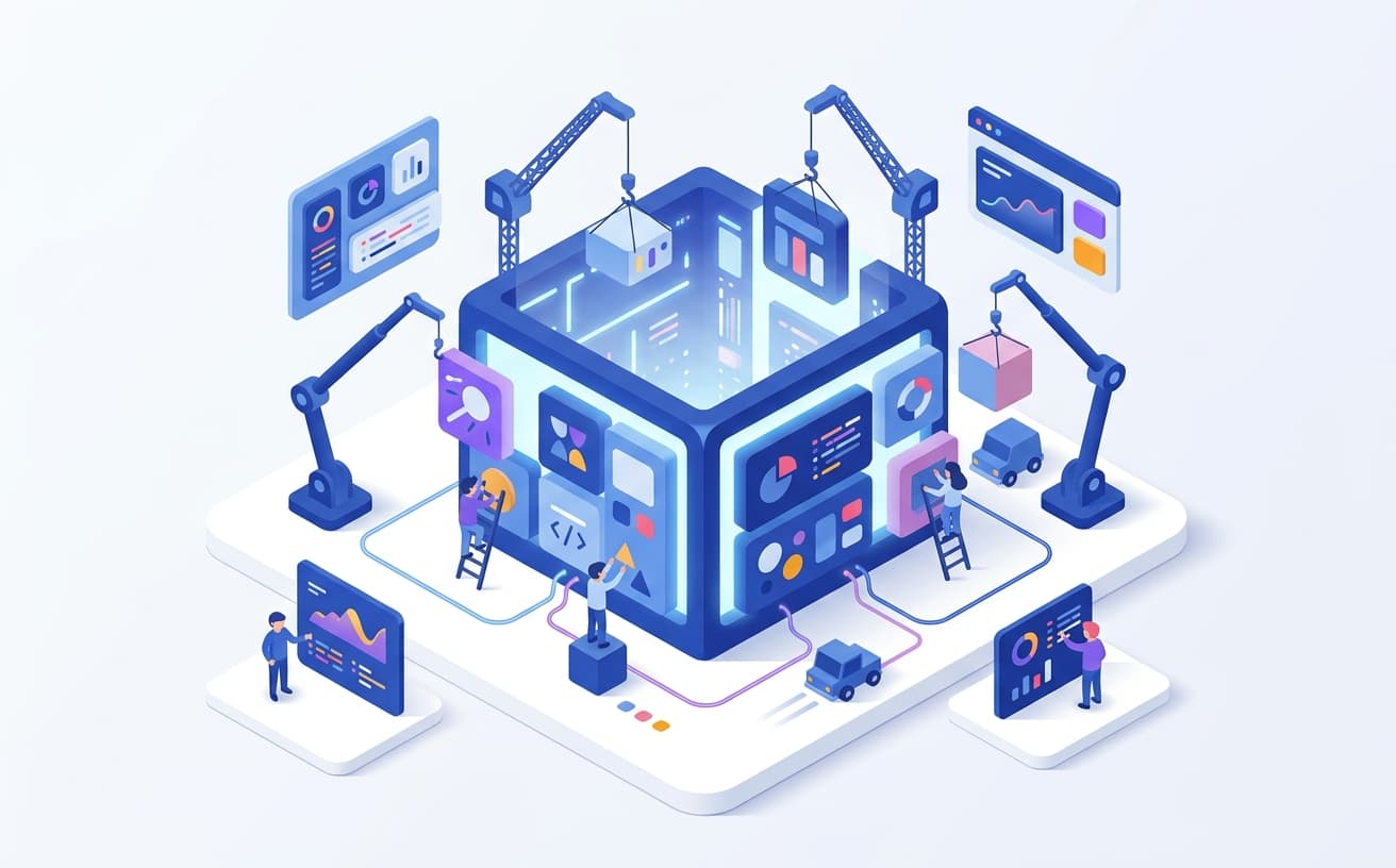 Isometric illustration of tiny engineers assembling a web application from modular building blocks