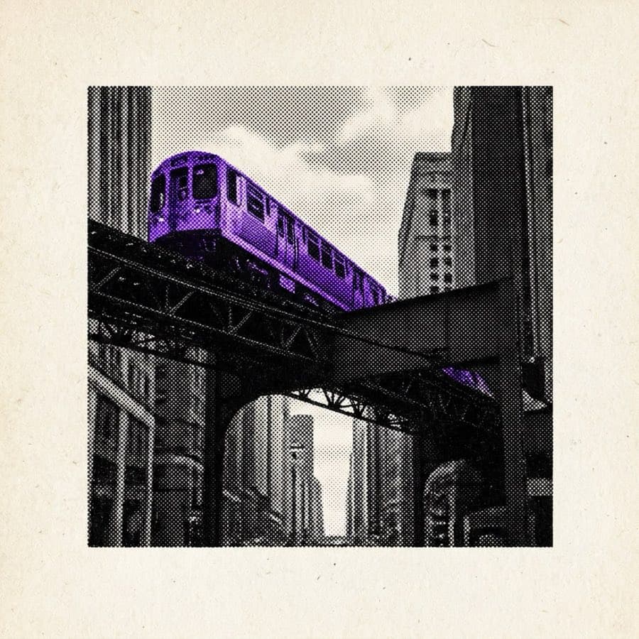 Halftone print illustration of a Chicago elevated train downtown