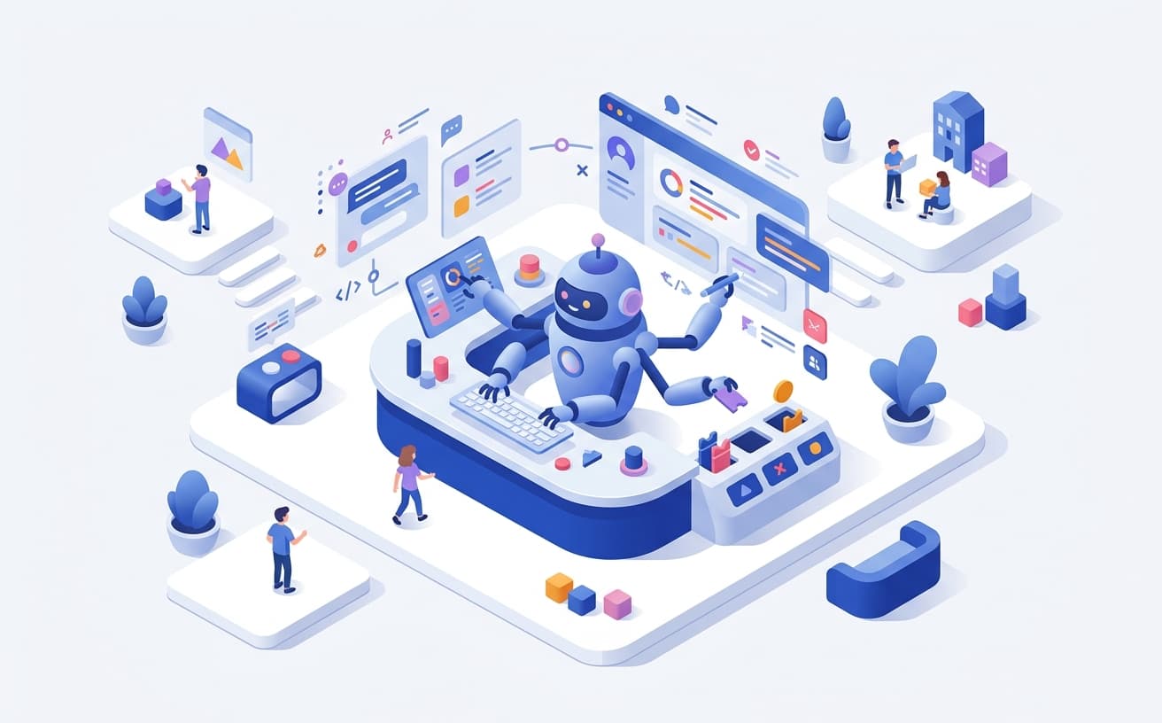Isometric illustration of an AI concierge answering client inquiries and sorting intake tickets