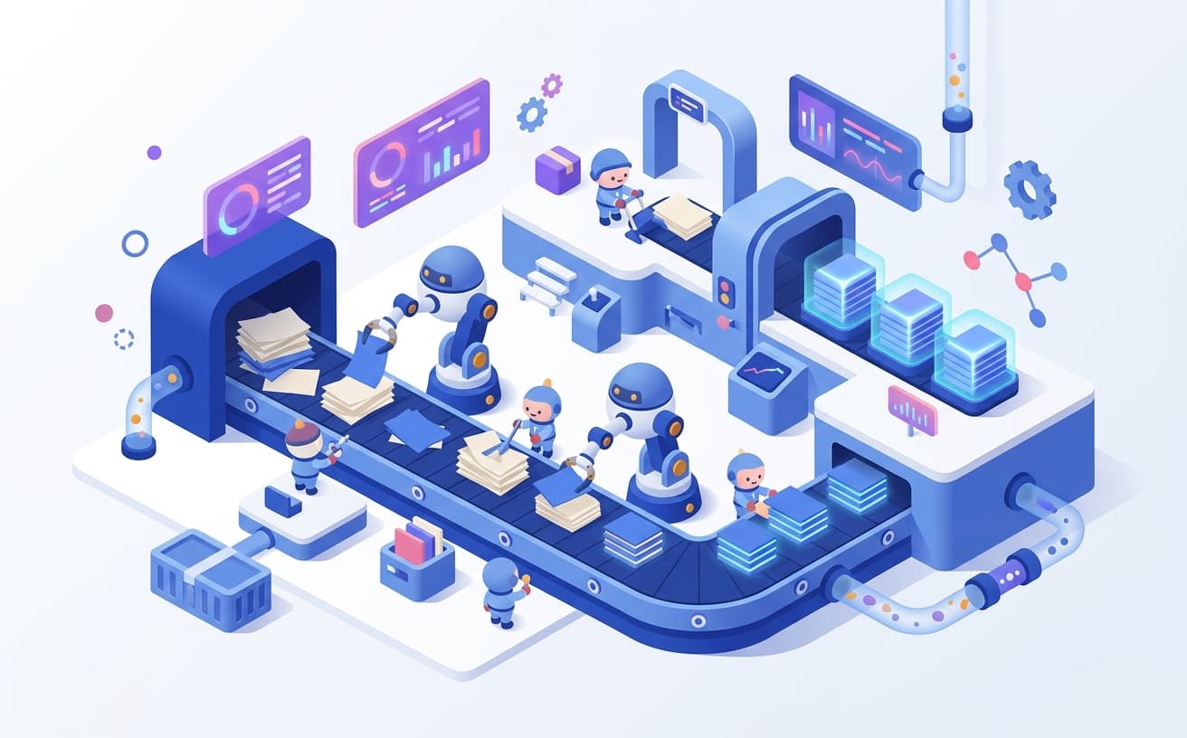 Isometric illustration of a conveyor belt turning stacks of paperwork into completed tasks
