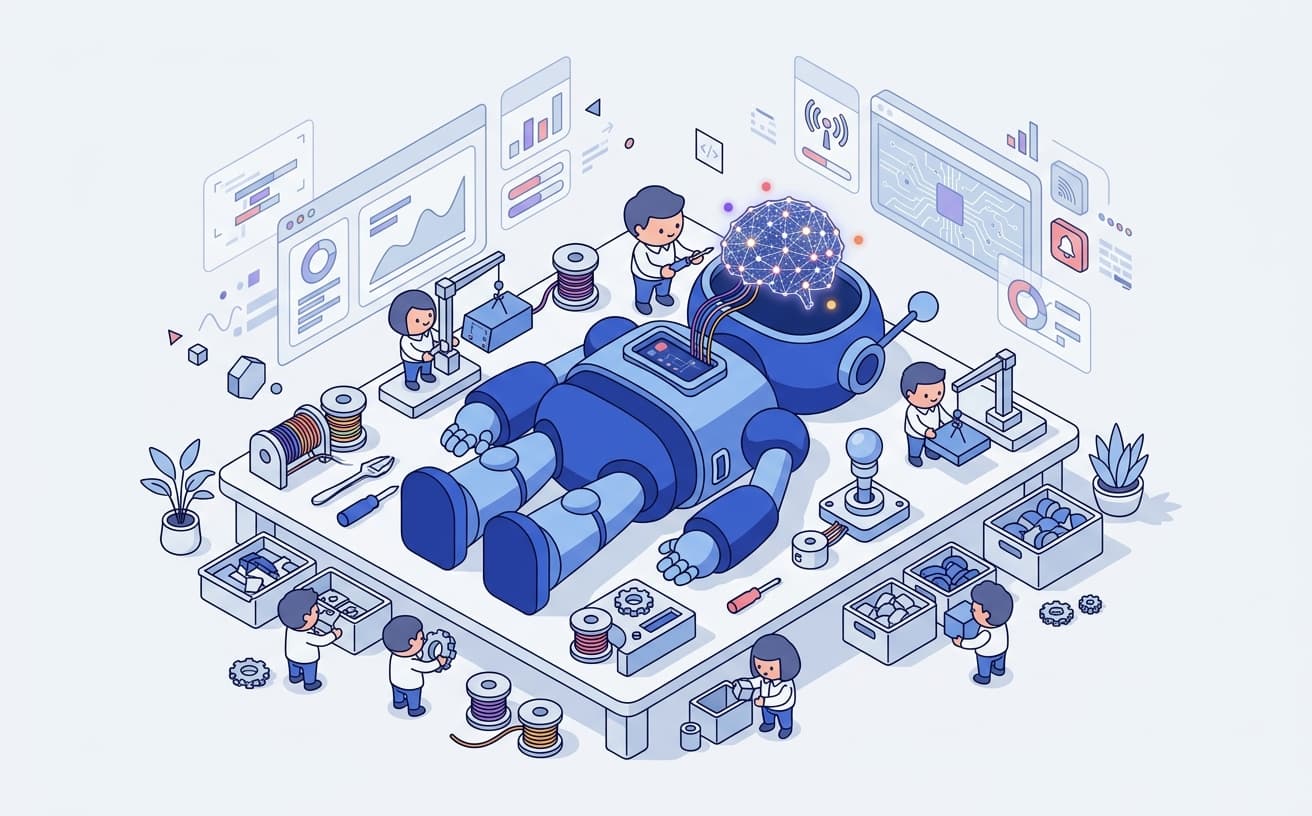 Isometric illustration of engineers wiring a glowing neural network into a friendly robot