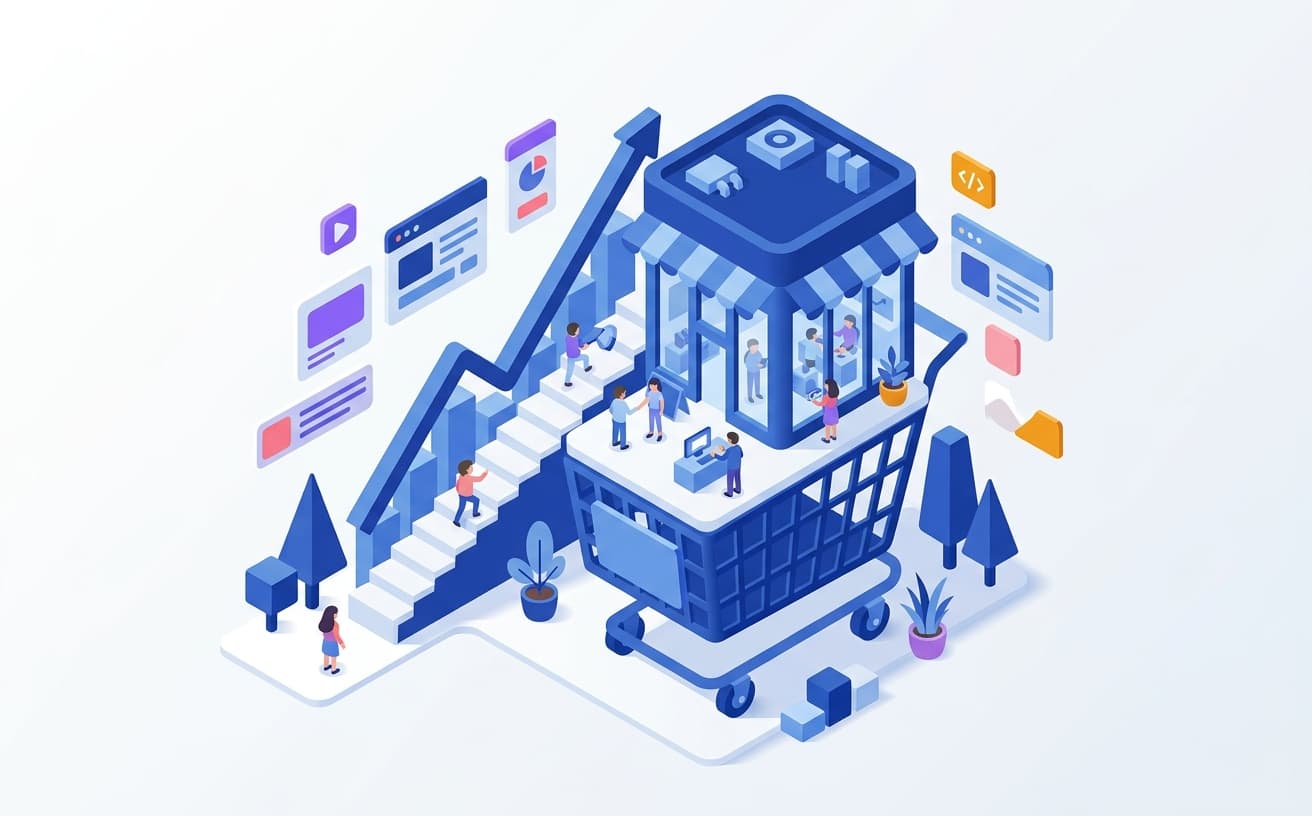 Isometric illustration of a storefront growing out of a shopping cart beside a rising sales chart