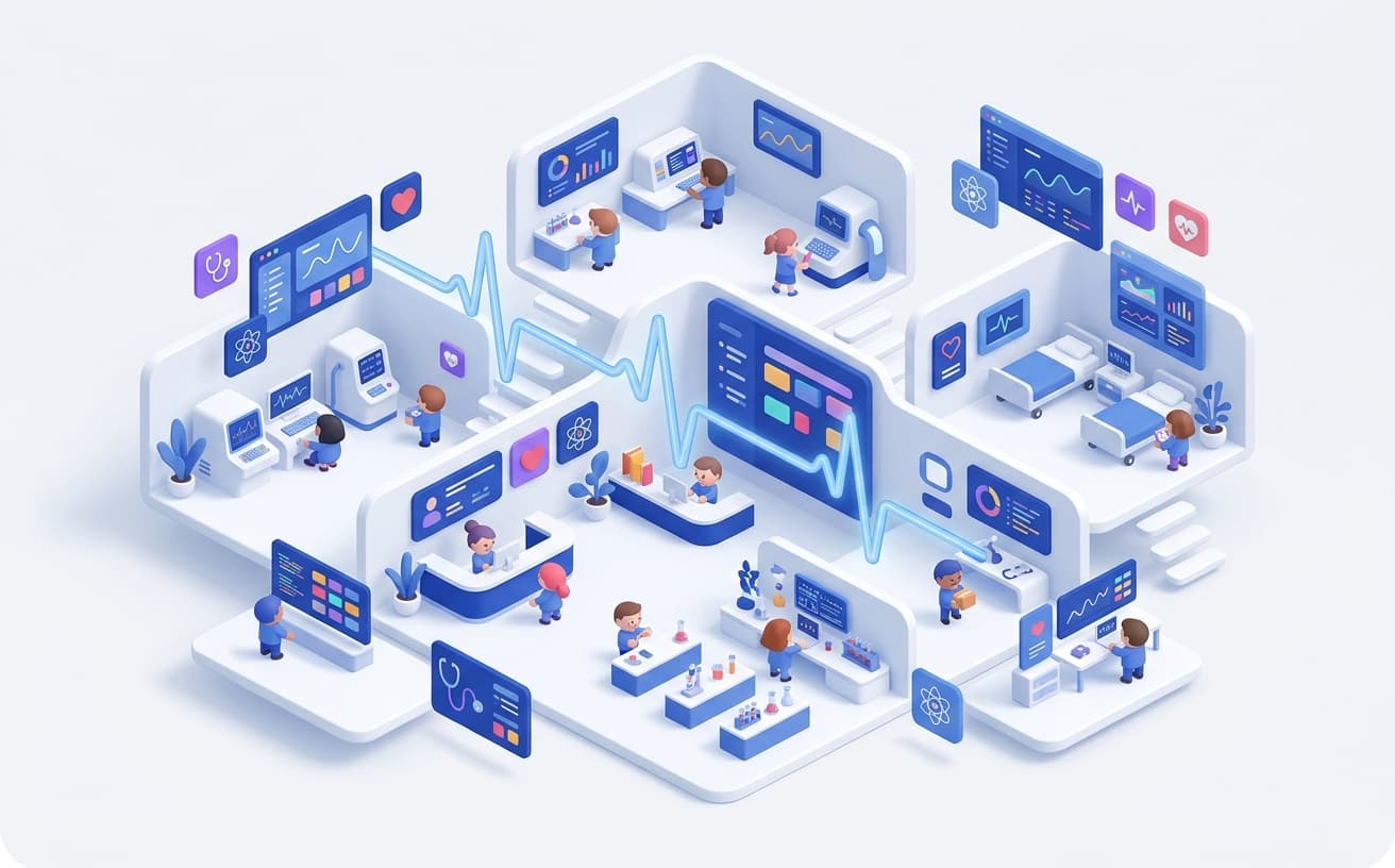 Isometric illustration of a clinic connected to medical dashboards and devices