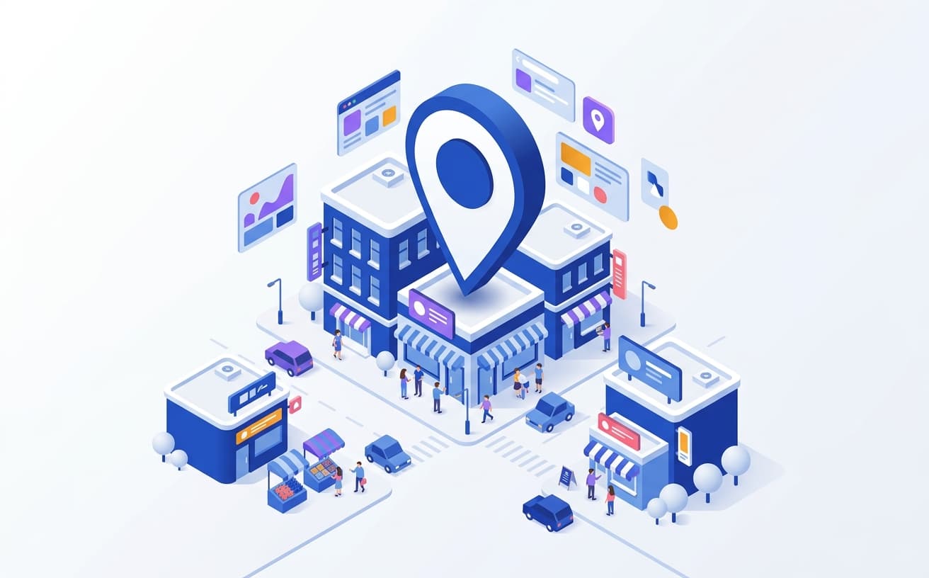 Isometric illustration of a map pin landing on a storefront in a city block