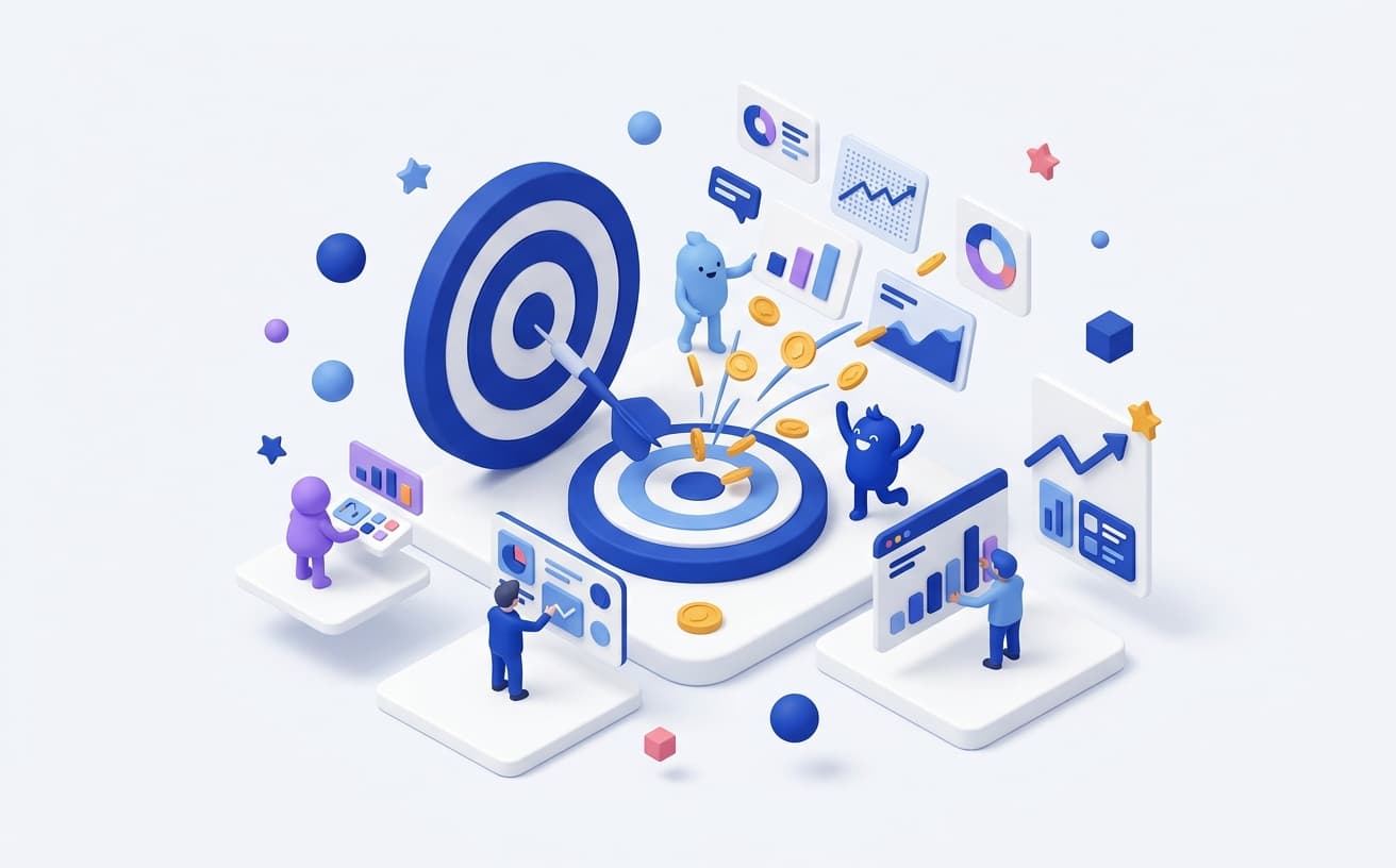 Isometric illustration of a dart hitting a target with coins and conversion charts