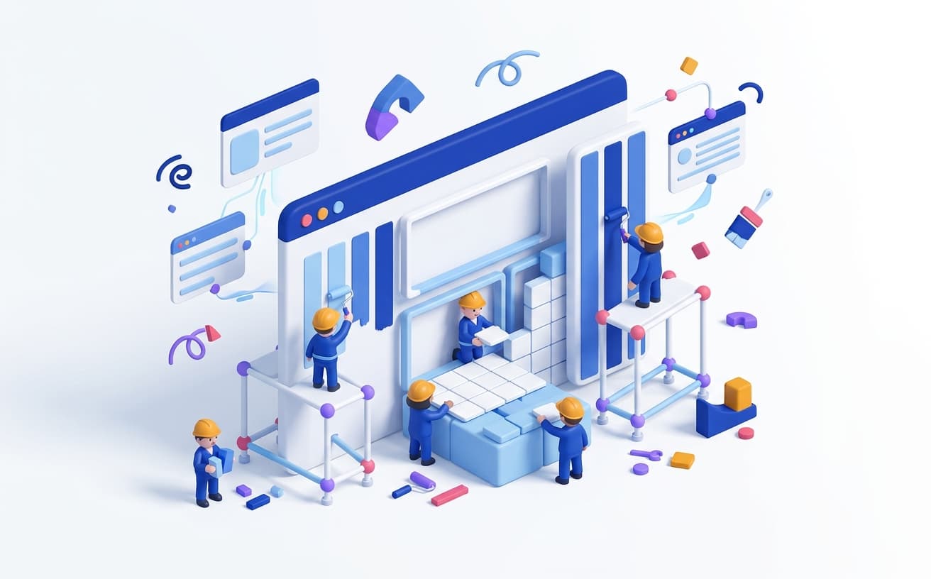 Isometric illustration of a browser window as a construction site with tiny builders